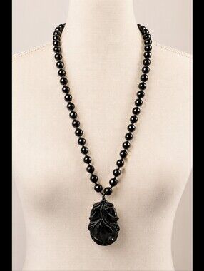 Vintage Black Carved Onyx Long Beaded Statement Pendant Necklace
